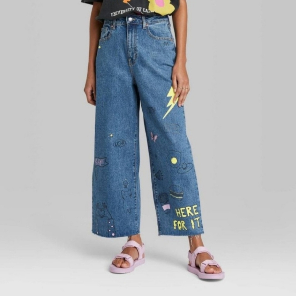 Wild Fable High-Rise Wide Leg Graffiti Doodle Print Jeans Size 8/29R